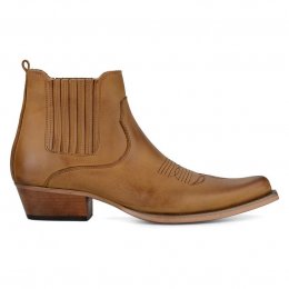 Footcourt Men Cowboy Ankle Boots Tan Genuine Leather Western