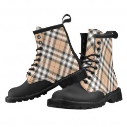 Cream Plaid Women's Boots Tartan Tan White Check Vegan