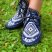 Blue Leather Moccasins With Native American Tribal Fabric