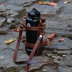 Adjustable Leather Water Bottle Carrier W/ Shoulder Strap